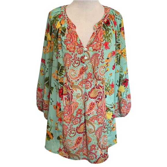 Fig and Flower Paisley Floral Popover Top Womens Large Pale Teal Multicolor - Picture 1 of 7